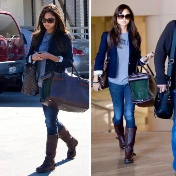 $399 Frye Veronica Slouch Tan Distressed Leather Engineer Moto Tall Buckle Boot - Picture 6 of 16